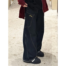 XK3155LL-特P58复古格子拼接牛仔裤高街弯刀直筒裤拖地阔腿裤子，男装牛仔裤，星座1007（原301D）