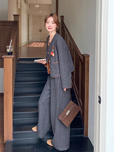 法式复古撞色外套阔腿裤套装女2025秋季新款高级感轻熟显瘦两件套图片