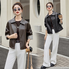 2025秋季女装新款大量现货时尚韩版立领袖口翻边撞色短款皮衣外套，女装皮衣，跑量工厂店