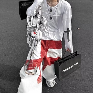 美式复古街头白色印花牛仔裤男潮牌宽松嘻哈炸街阔腿长裤图片
