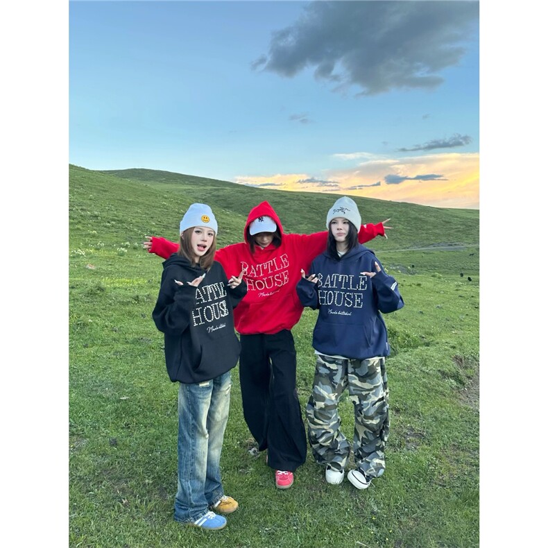 原创美式复古立体珍珠字母连帽卫衣男女宽松休闲帽衫情侣潮,男装卫衣,星座506A