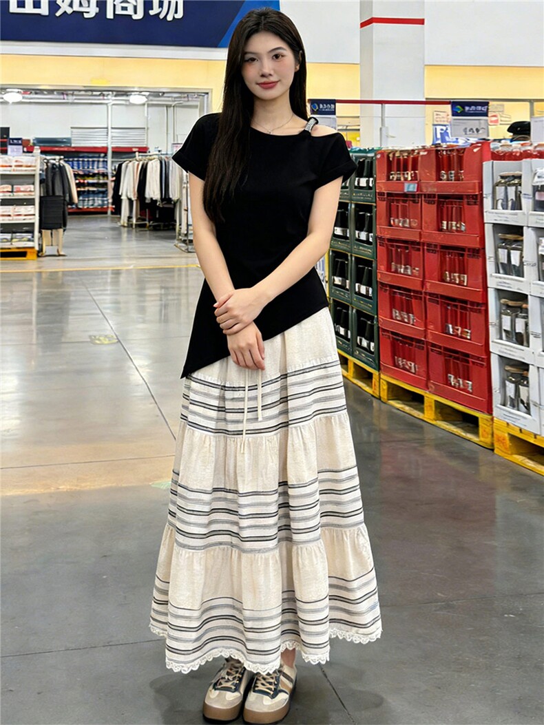 女夏新新款时尚洋气套装设计感一字斜肩短袖上衣杏色半身裙两件套,女装套装/套裙,江南