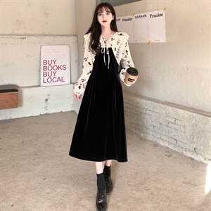 爆版娃娃领碎花拼接假两件长裙胖妹妹秋冬丝绒长袖打底减龄连衣裙图片