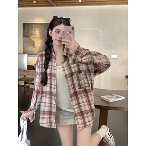 美式复古红色格子衬衫情侣外套春秋款工装长袖内搭衬衣潮上衣图片