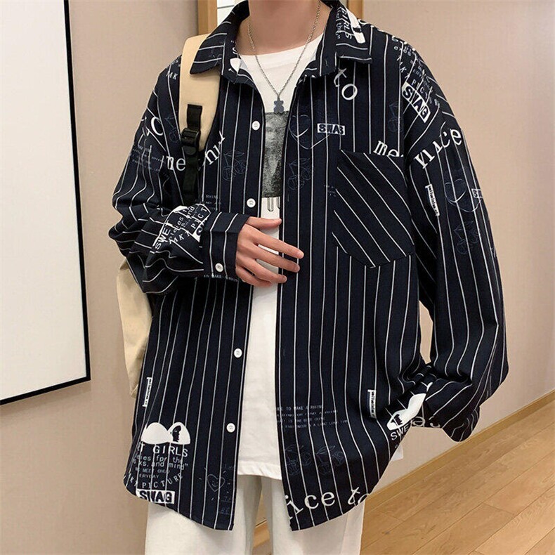 美式ins条纹冰丝长袖衬衫宽松ins潮流帅气百搭休闲外套-C63-P35,男装衬衫,电商A020