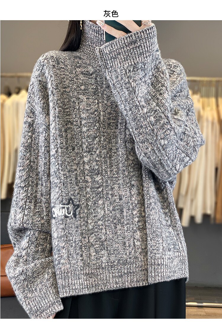 2025年秋季新款欧洲站花纱半高刺绣字母羊毛衫时尚百搭，女装针织衫/毛衣，若菲羊绒