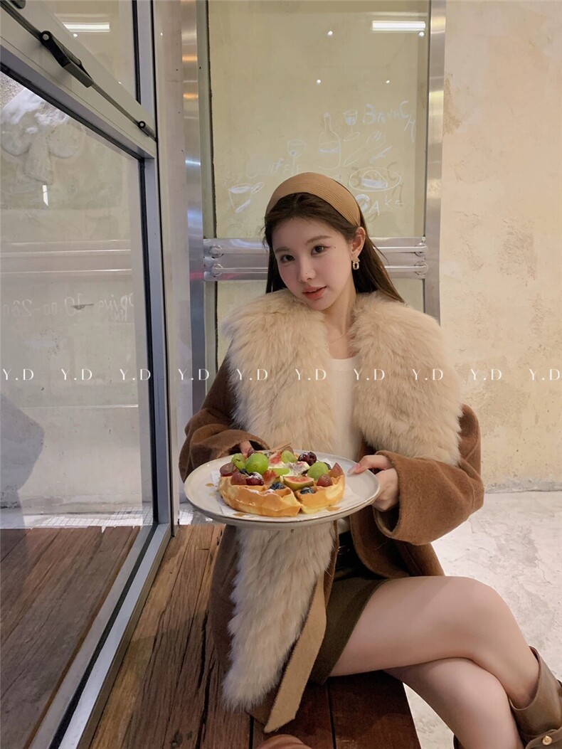 一粒扣可拆卸狐狸毛车条大毛领保暖百搭羊毛外套(配毛领,女装羊绒大衣,依嘟服饰