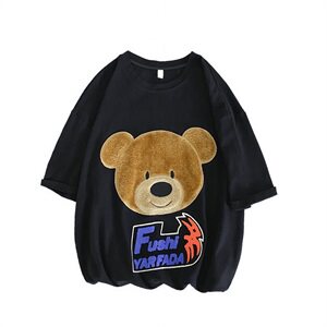703-T213-P38 夏季贴布绣毛绒小熊 毛巾绣T恤潮牌宽松可爱情侣图片