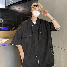 港风复古宽松版工装衬衫短袖夏季薄外套大口袋衬衣CS01262-P50，男装衬衫，星座308B-1