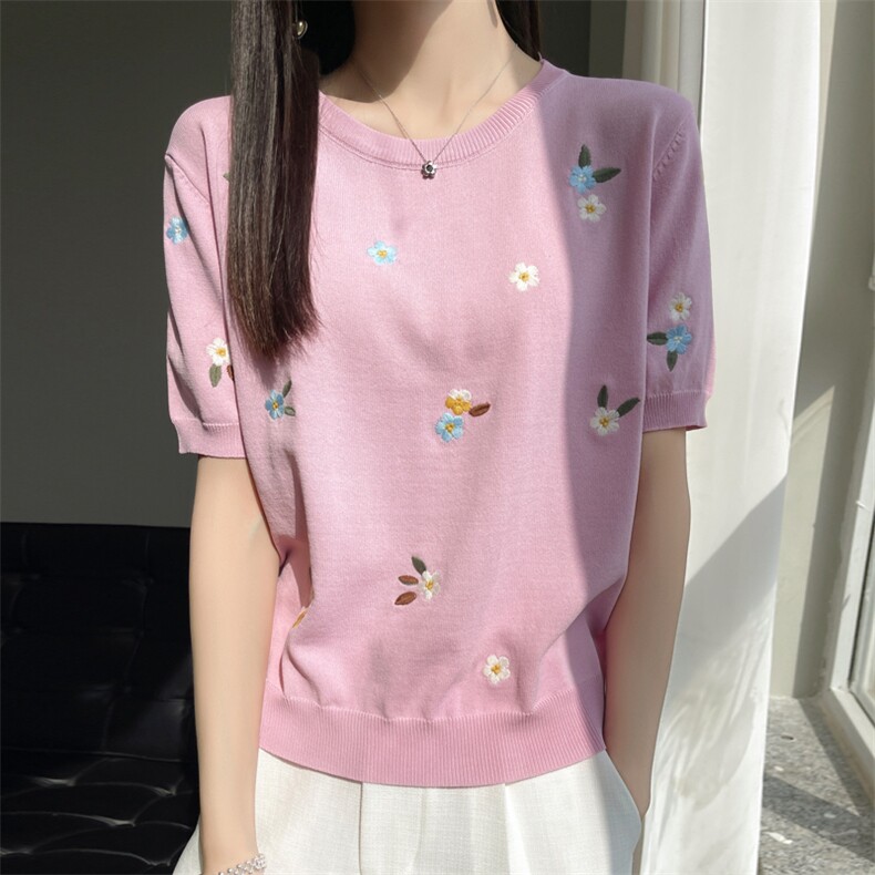 重工刺绣针织短袖t恤女夏季薄款2023新款小香风内搭冰丝半袖打底,女装T恤,菲奥羊绒