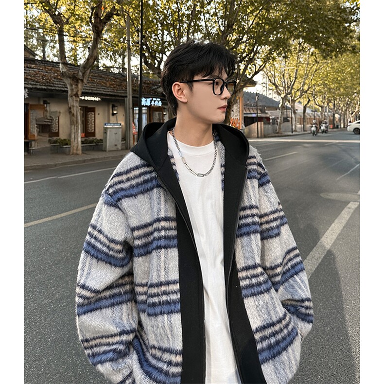 经典格子拼色男士毛呢连帽夹克外套 A071-5010-P115图片