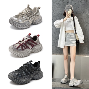 X4185-185复古擦色做旧老爹鞋女2024秋厚底增高系带运动脏脏鞋图片
