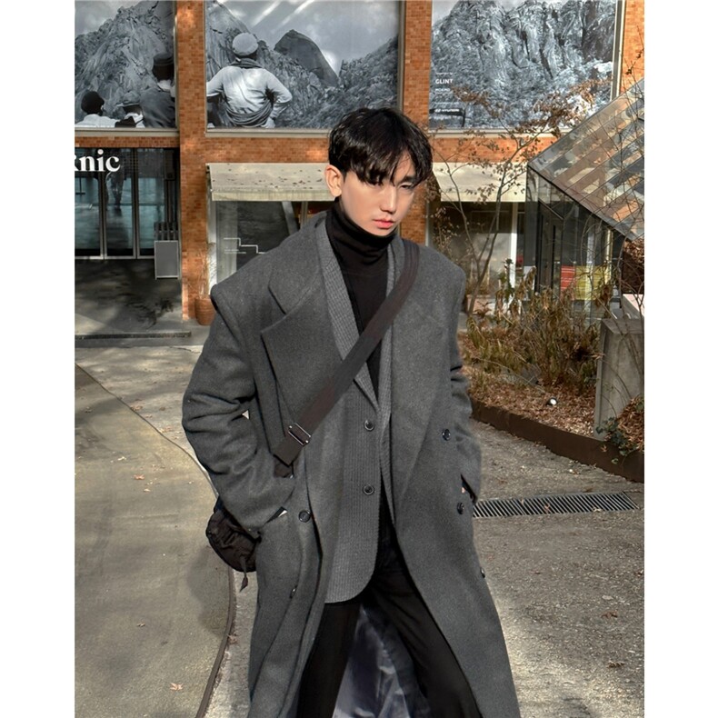 新款韩版毛呢大衣男士高级感中长款过膝秋冬季加厚呢子外套英伦风,男装毛呢大衣,星座710