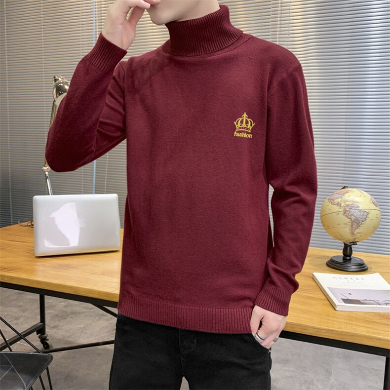 秋冬可翻高领毛衣男皇冠纯色长袖男刺绣毛衫打底针织衫红M253P33图片