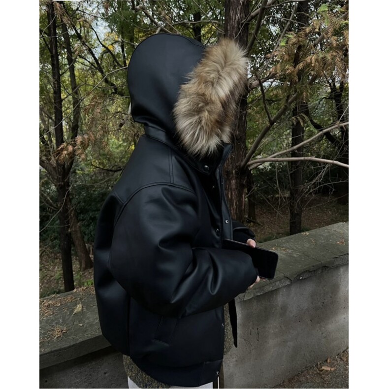 冬季复古百搭保暖帽子可拆卸毛领重磅PU皮衣棉衣厚外套LF997P135,男装皮衣,电商D256-1(原A064-1)