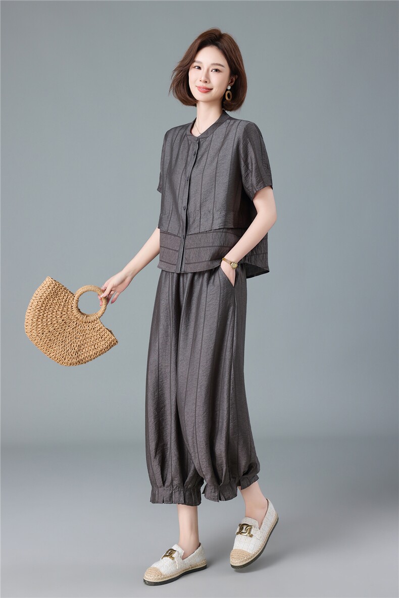 现货2026夏季新款宽松大码减龄莱赛尔衬衫灯笼裤两件套,女装套装/套裙,深水步