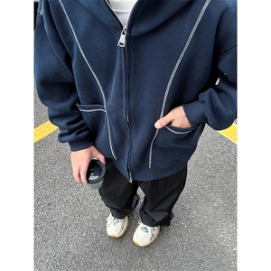 抖音得物高品质秋冬美式高街重磅结构辑明线纹理连帽卫衣外套W111图片