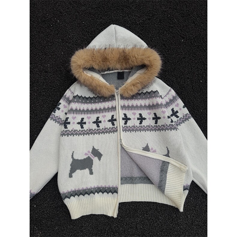 重磅北极绒座山雕毛衣外套冬美式复古休闲慵懒风大毛毛领针织开衫，男装针织衫/毛衣，电商A443