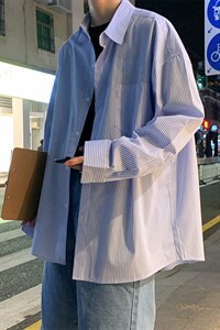 长袖男夏季港风潮流条纹宽松休闲外套潮牌百搭帅气衬衣 W1090-P28图片