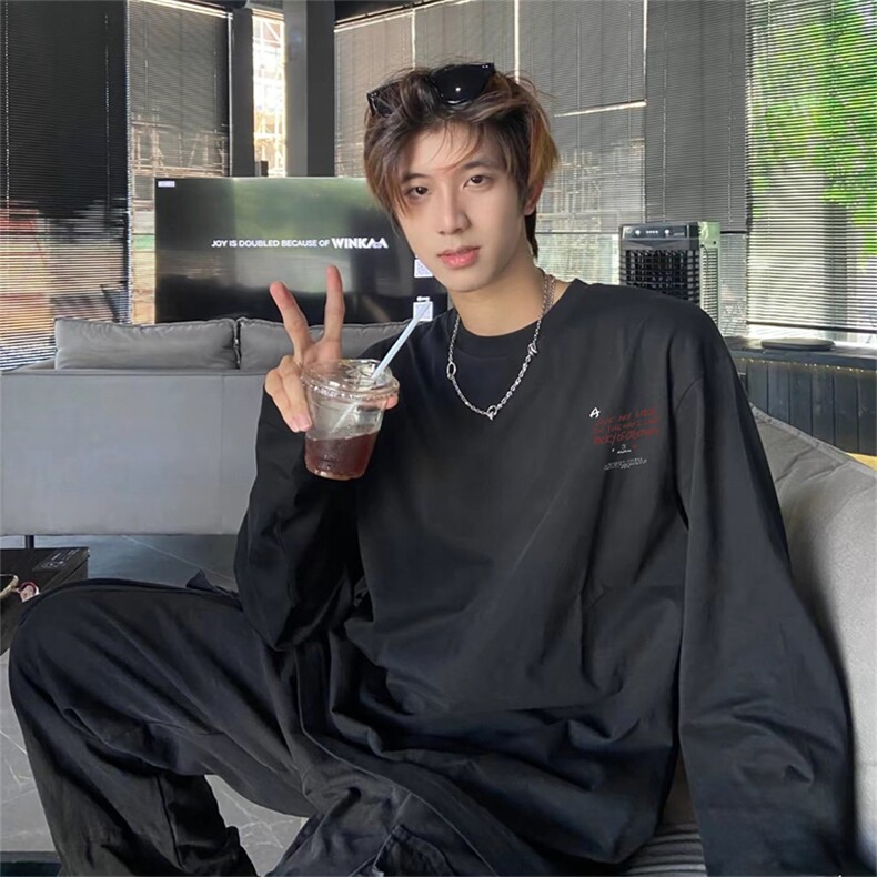 抖音得物230克重磅精梳棉宽纯松长袖印花T恤打底衫ACT5504,男装T恤,电商A443