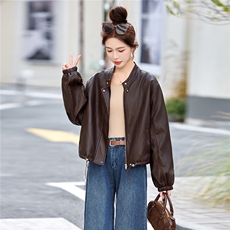 欧货高级感淡黄色白皮衣外套女2026春秋新款蝙蝠袖pu短夹克小个子，女装皮衣，美拉德工厂直营店