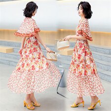 碎花连衣裙中长款女2024年夏季新款收腰显瘦蚕丝皱气质淑女印花裙，女装连衣裙，妙形