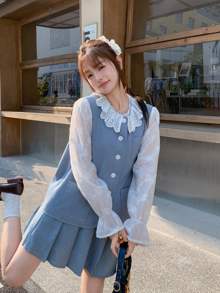 韩系设计感套装女2026新款超火减龄上衣马甲百褶裙穿搭三件套,女装套装/套裙,浙宝128A