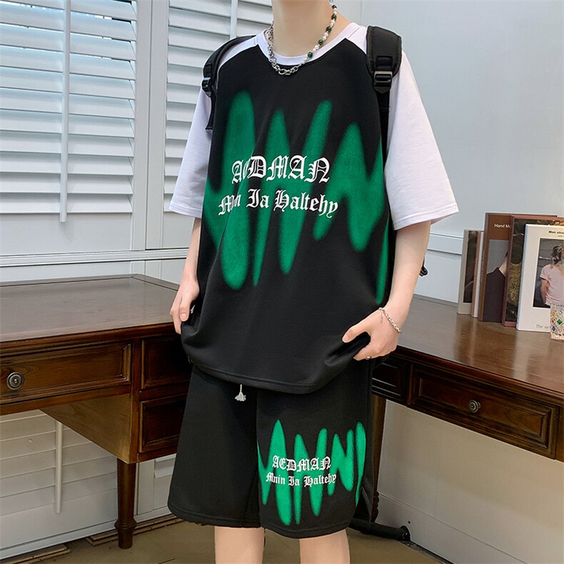 新款夏季短袖T恤冰丝套装港风透气凉爽宽松休闲潮流男装TZ323P48,男装休闲套装,电商A086
