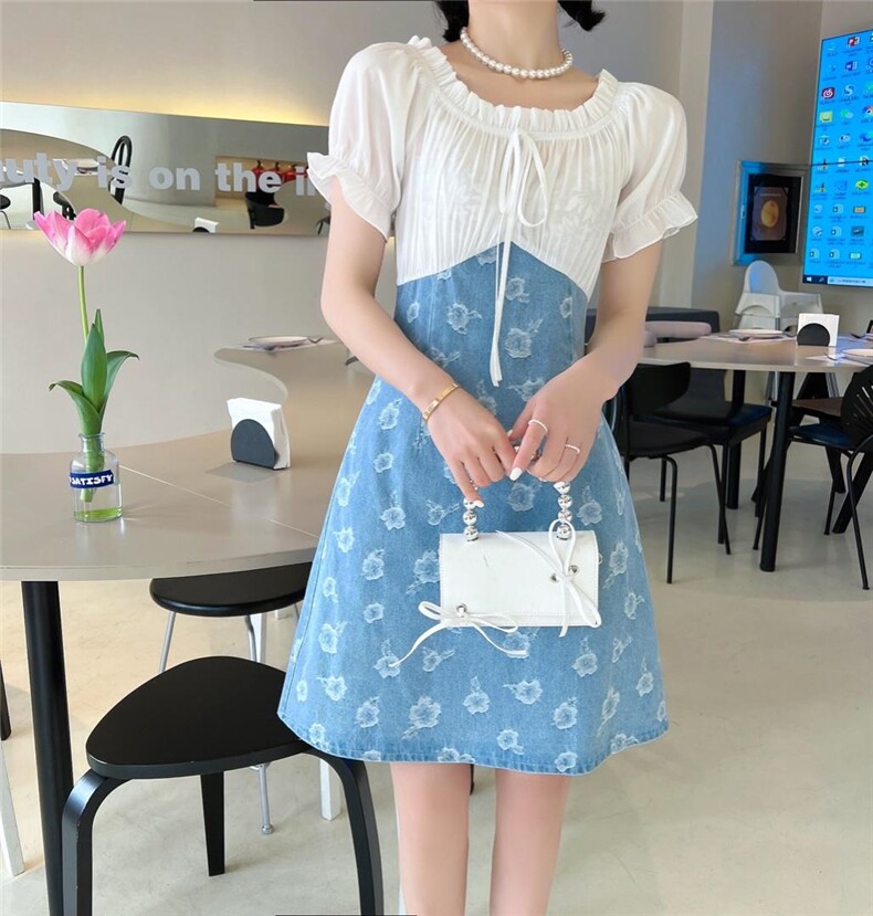 夏季拼接连衣裙，女装连衣裙，竹吟