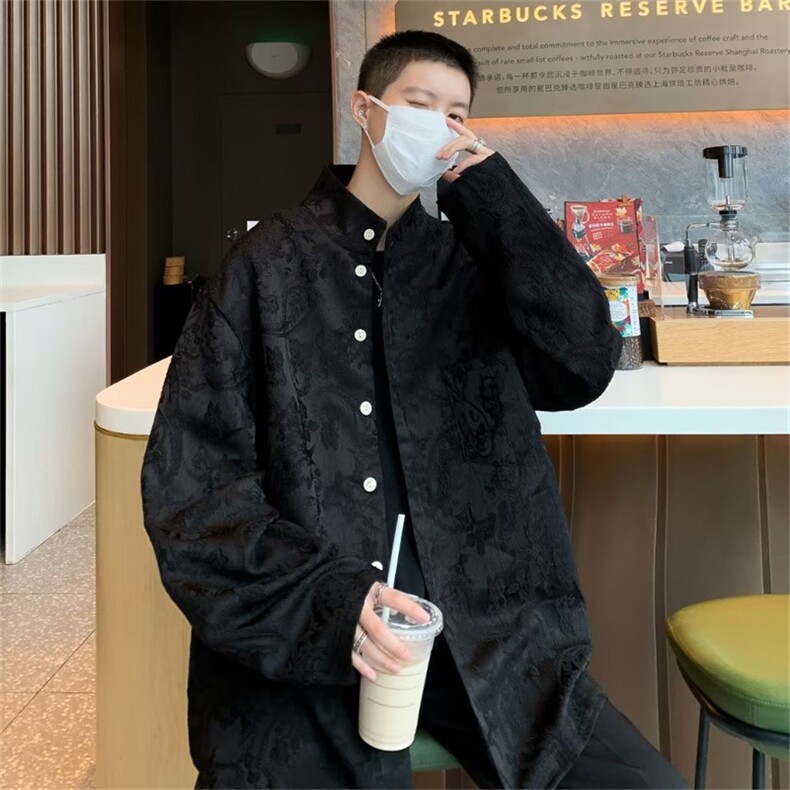 潮牌提花中山唐装衬衫男长袖风复古潮流休闲衬衣外套45333-P50图片