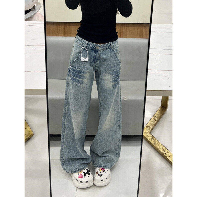美式高街vibe风水洗宽松牛仔裤男女cleanfit直筒微喇裤L8199-p48,男装牛仔裤,星座1008
