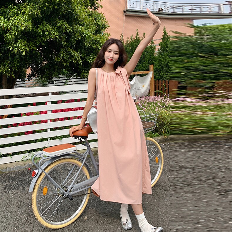 粉色法式系带无袖连衣裙女2025夏新款宽松显瘦遮肉后背镂空背心裙,女装连衣裙,2C236