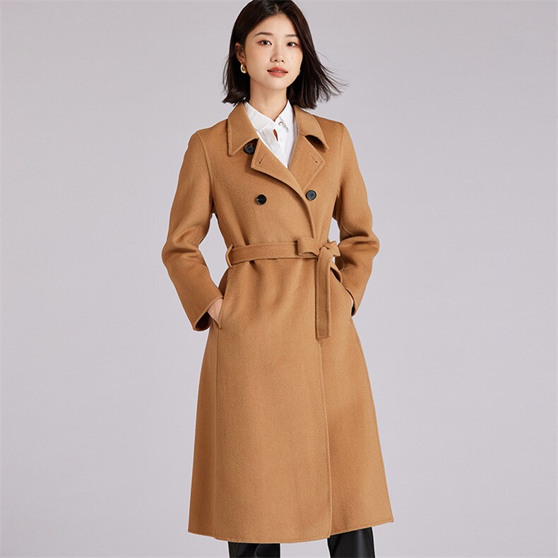 女士秋冬季保暖长款双排扣经典色羊毛大衣时尚百搭显瘦，女装双面呢大衣，羊程大衣