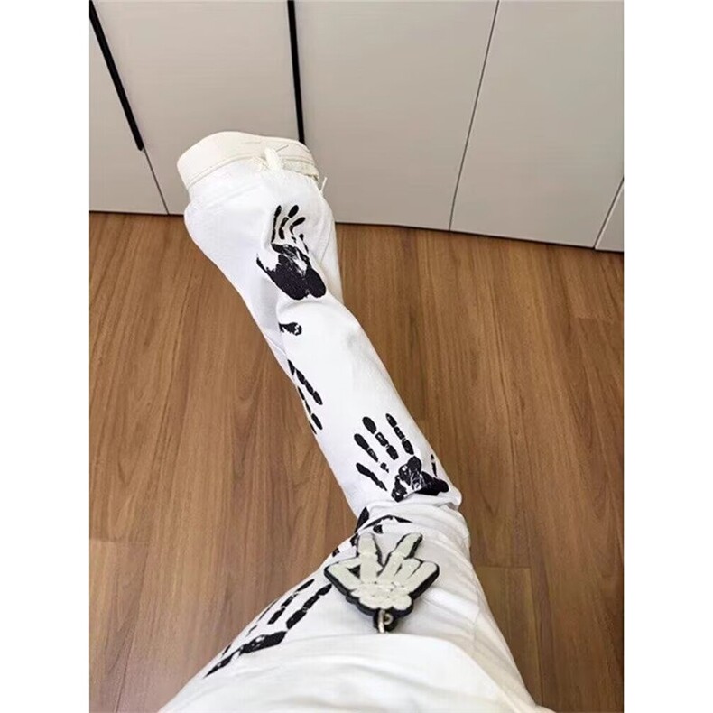 水墨手掌印花白色牛仔裤高街hiphop潮炸街直筒长裤K7112-P45网图图片