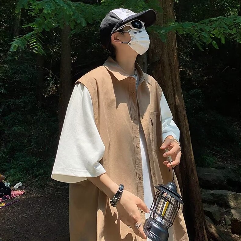 夏季新款衬衫潮流慵懒男方领假两件衬衫P38,男装衬衫,星座1116-2