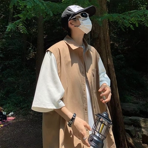 夏季新款衬衫潮流慵懒男方领假两件衬衫 P38图片