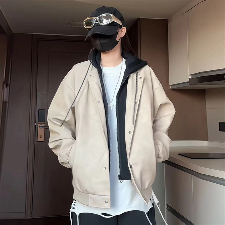现货2026春秋款潮男假两件连帽皮衣夹克外套A436-D216-P80,男装夹克,电商A436