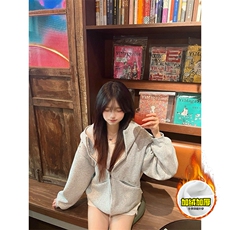 480G重磅加绒硬挺boxy男女美式高街卫衣铆钉杜宾犬耳朵开衫厚外套，女装短外套，电商A486-1