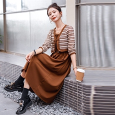 时尚女装松紧吊带裙+条纹针织网纱外套套裙2024年春季，女装套装/套裙，微微衣阁
