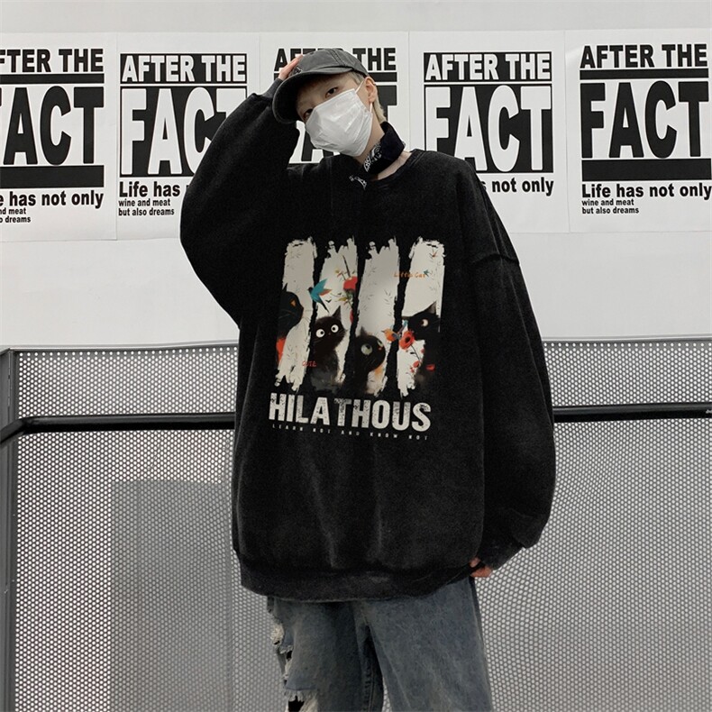 重磅水洗纯棉硬挺长袖T恤男秋季潮牌猫咪印花宽松情侣内搭打底衫,男装卫衣,星座517A-2