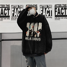 重磅水洗纯棉硬挺长袖T恤男秋季潮牌猫咪印花宽松情侣内搭打底衫，男装卫衣，星座517A-2