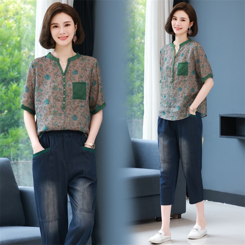 时尚休闲套装女2025夏季新款洋气减龄妈妈碎花衬衫牛仔裤两件套潮，女装套装/套裙，简韵佳