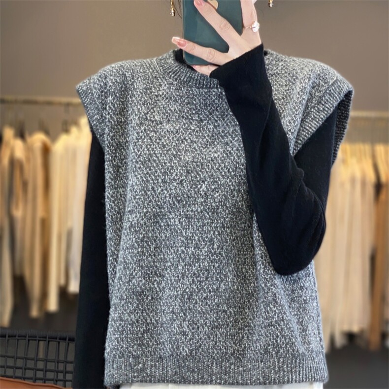 欧货巨好看星空灰羊毛针织马甲女圆领坎肩宽松无袖叠穿背心秋冬厚，女装马甲，雪真羊绒