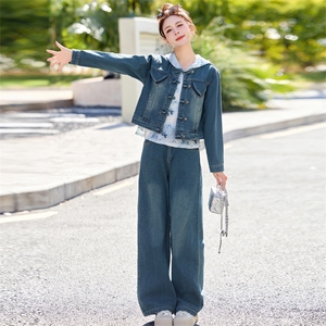 新中式牛仔套装女2025春新款小香风超火休闲减龄阔腿裤穿搭三件套图片