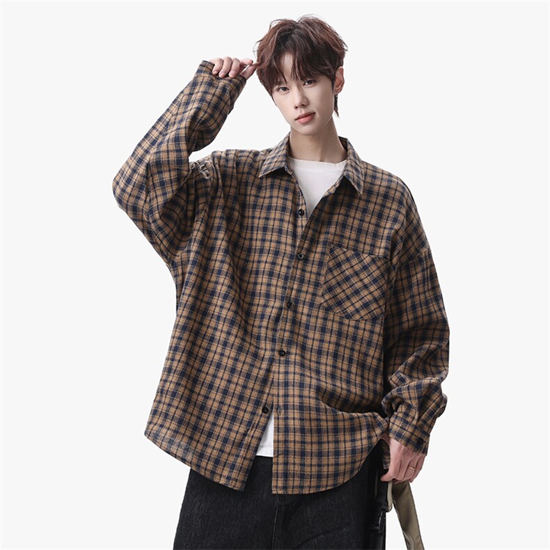 衬衫男春季新款港风宽松大码磨毛格子长袖衬衣CS510-P38，男装衬衫，星座214-3