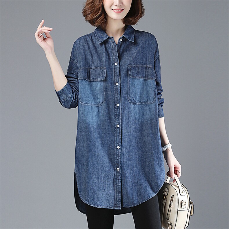 秋季简约中长款长袖口袋简约时尚风牛仔单排多扣，女装衬衫，莜菲儿
