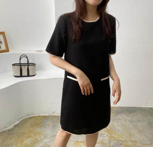 包边圆领小香连衣裙，女装连衣裙，土布鱼