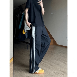 美式复古三条宽松休闲裤子男夏潮百搭撞色直筒运动长裤MK688 P45图片