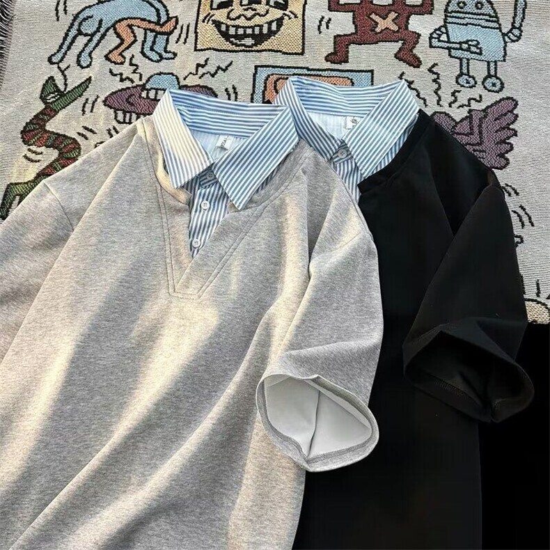 小众设计感假两件t恤男潮牌拼接翻领短袖高级痞帅宽松半袖polo衫，男装Polo衫，星座601-1