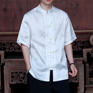 新中式现货男士竹叶缎面立领盘扣短袖衬衫情侣CS9898-P65控89图片
